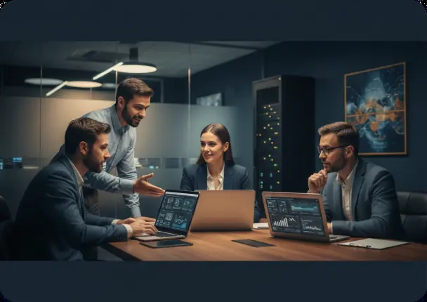 Equipo de TI revisando paneles de administración en una sala de reuniones