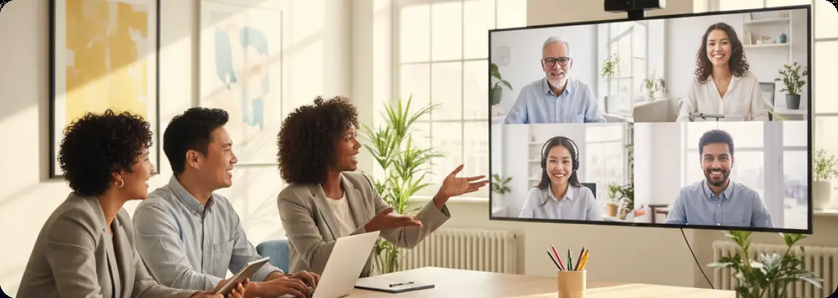 Equipo en videollamada con colegas remotos desde una sala de reuniones