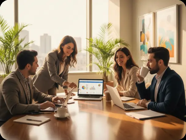 Equipo comercial revisando un dashboard de ventas en una reunión