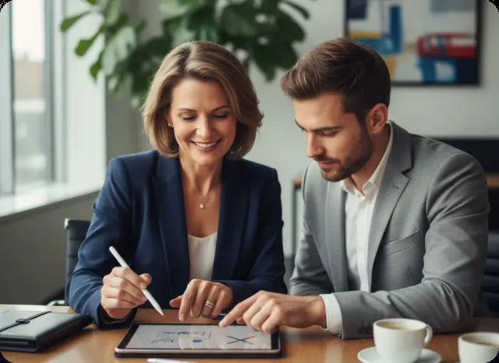 Dos ejecutivos firmando un documento digital en una tableta