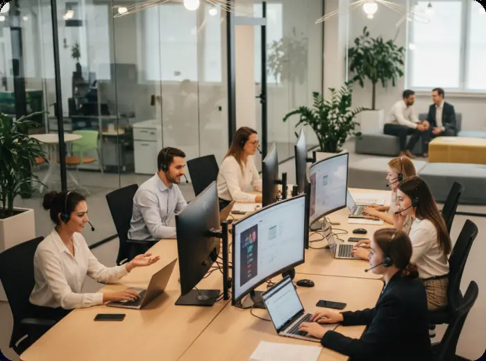 Agentes de atención al cliente con auriculares respondiendo mensajes
