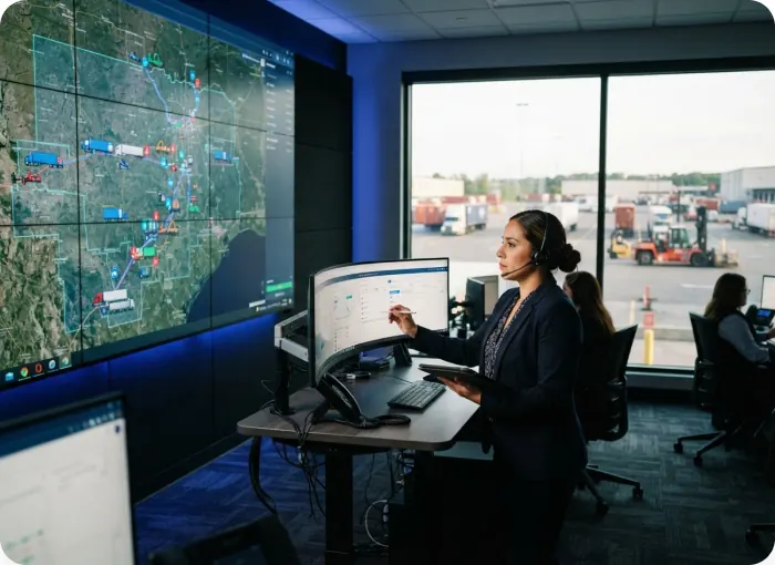 Operadora monitoreando una flota de camiones en un mapa sobre una pared de pantallas
