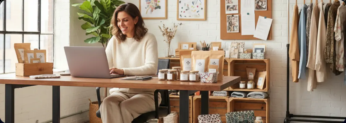 Emprendedora gestionando su tienda en línea desde su laptop